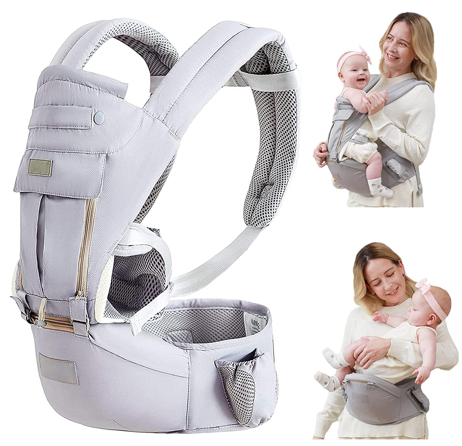 Baby Carrier with Hip Seat, Baby Carrier Newborn to Toddler, Detachable Baby Hip Seat Carrier for 7 -66lbs, All Seasons Baby Holder Carrier, All Position.(Light Grey) - Image 8